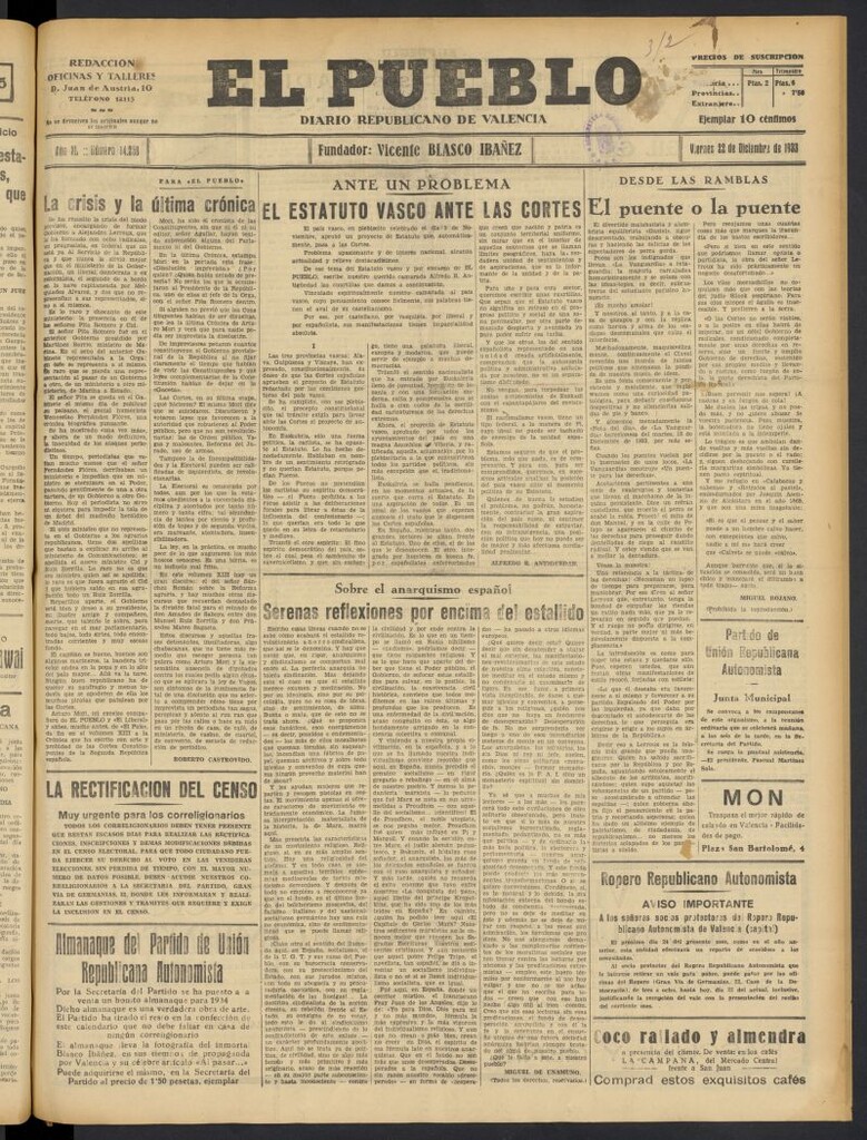 Miniatura de El Pueblo : Diario republicano de Valencia  del 22 de diciembre de 1933, nº 14.258
