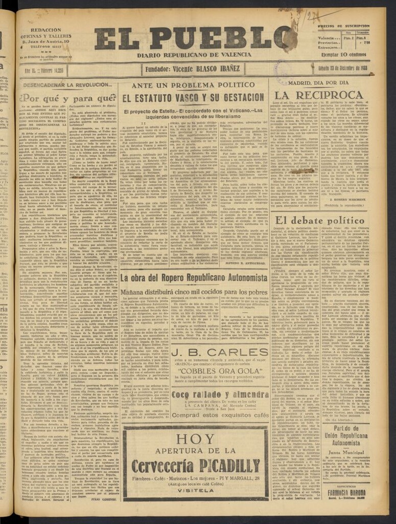 Miniatura de El Pueblo : Diario republicano de Valencia  del 23 de diciembre de 1933, nº 14.259