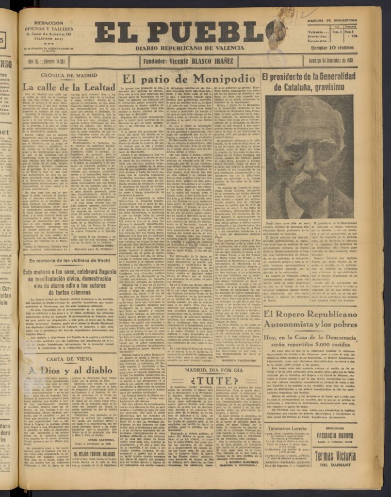 Miniatura de El Pueblo : Diario republicano de Valencia  del 24 de diciembre de 1933, nº 14.260