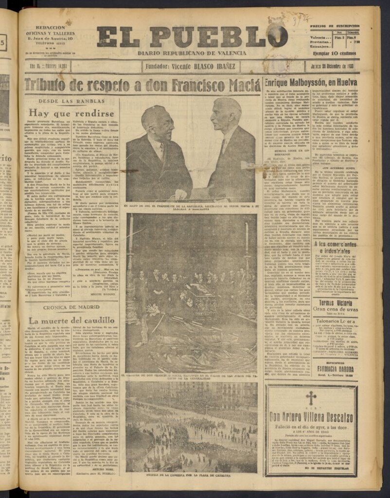 Miniatura de El Pueblo : Diario republicano de Valencia  del 28 de diciembre de 1933, nº 14.263