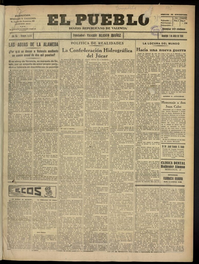 Miniatura de El Pueblo : Diario republicano de Valencia del 1 de julio de 1934, nº 14.414