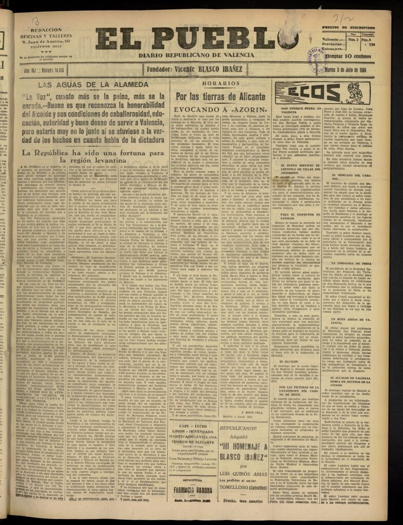 Miniatura de El Pueblo : Diario republicano de Valencia del 3 de julio de 1934, nº 14.415