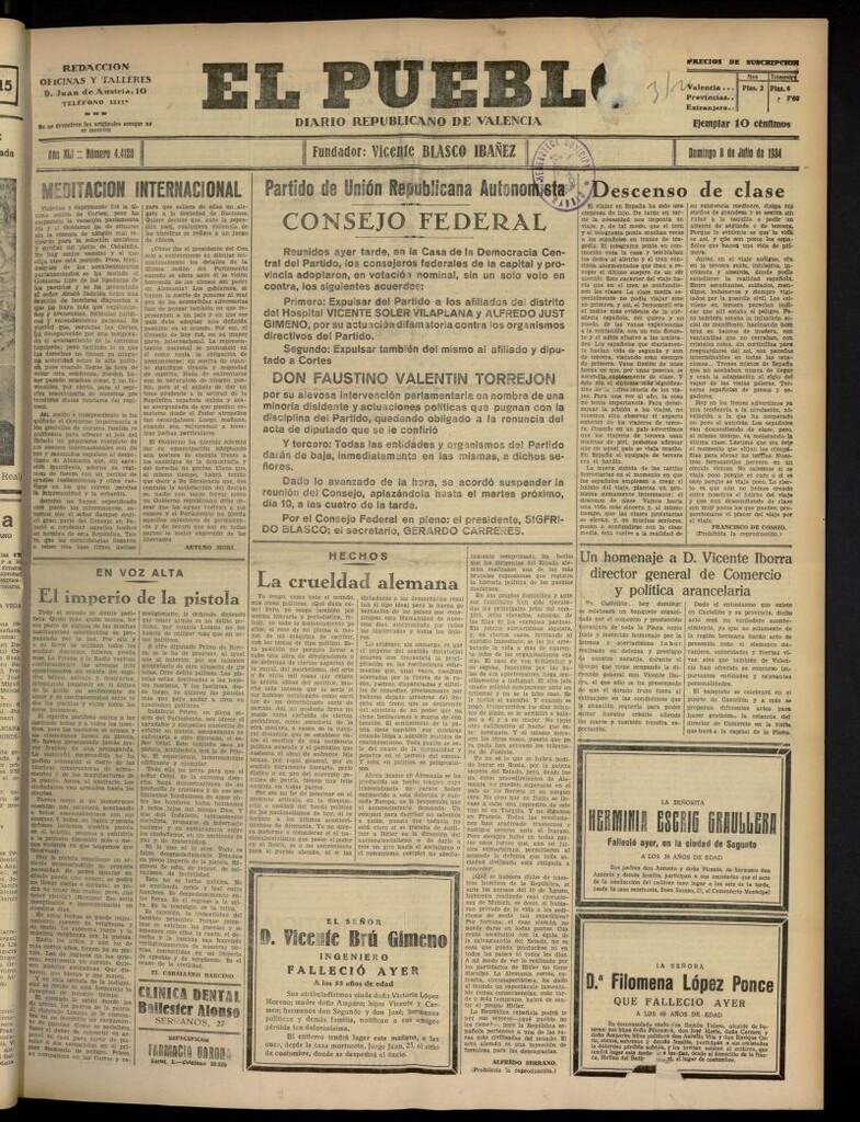 Miniatura de El Pueblo : Diario republicano de Valencia del 8 de julio de 1934, nº 44.120