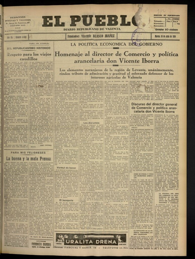 Miniatura de El Pueblo : Diario republicano de Valencia del 10 de julio de 1934, nº 44.121