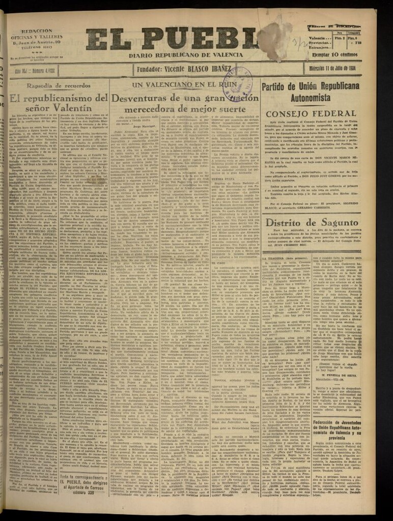 Miniatura de El Pueblo : Diario republicano de Valencia del 11 de julio de 1934, nº 44.122