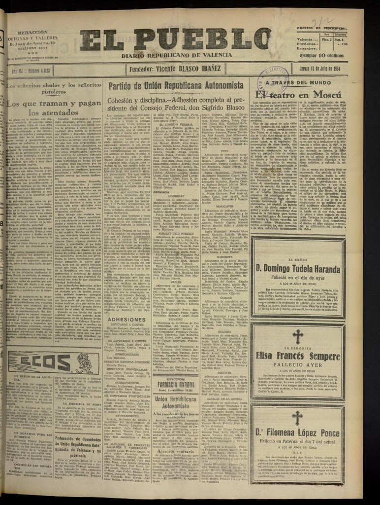 Miniatura de El Pueblo : Diario republicano de Valencia del 12 de julio de 1934, nº 44.123