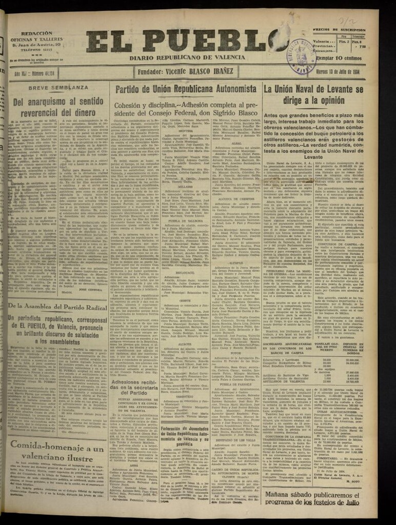 Miniatura de El Pueblo : Diario republicano de Valencia del 13 de julio de 1934, nº 44.124