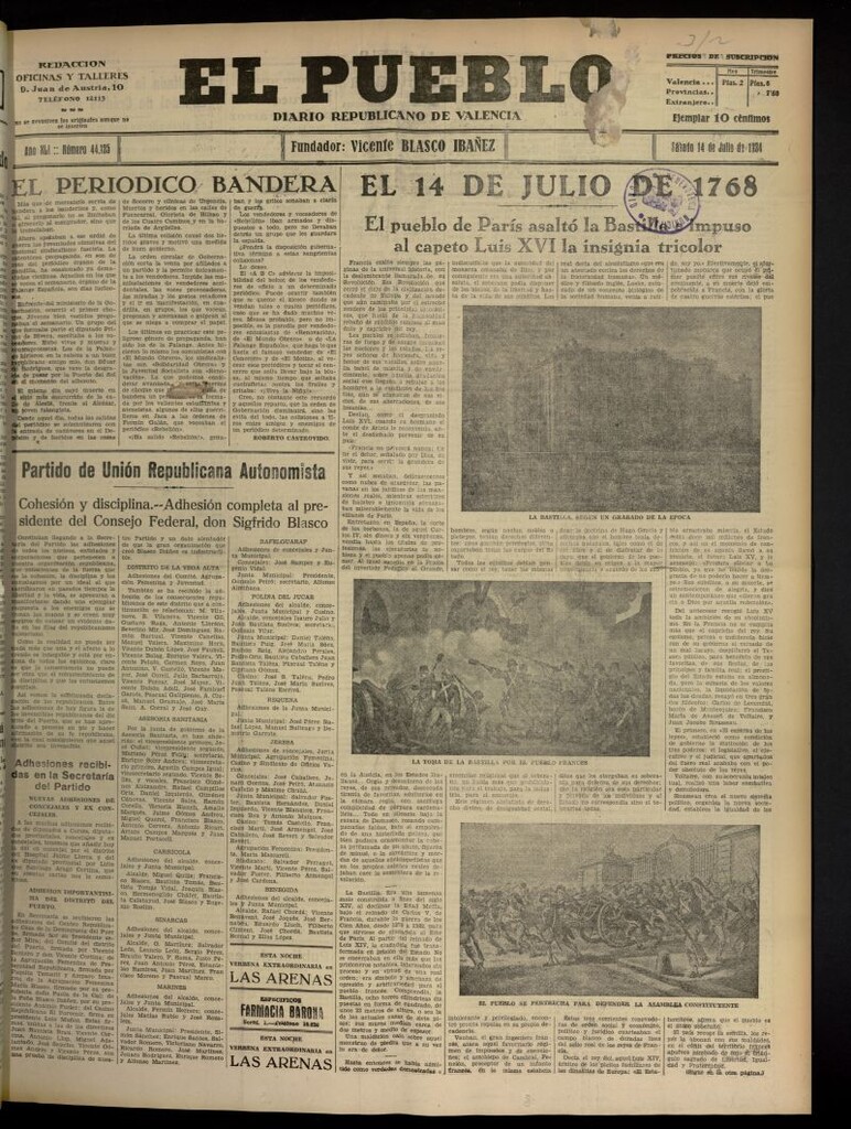 Miniatura de El Pueblo : Diario republicano de Valencia del 14 de julio de 1934, nº 44.125