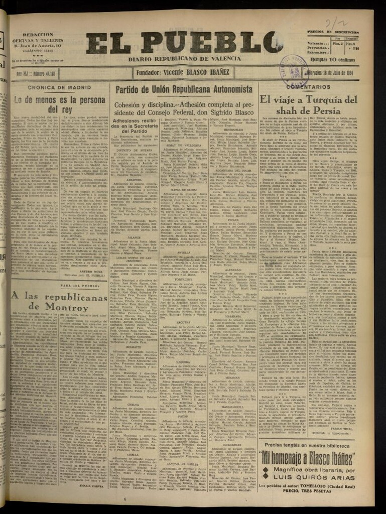 Miniatura de El Pueblo : Diario republicano de Valencia del 18 de julio de 1934, nº 44.128