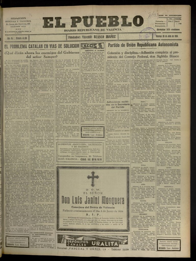 Miniatura de El Pueblo : Diario republicano de Valencia del 20 de julio de 1934, nº 44.130