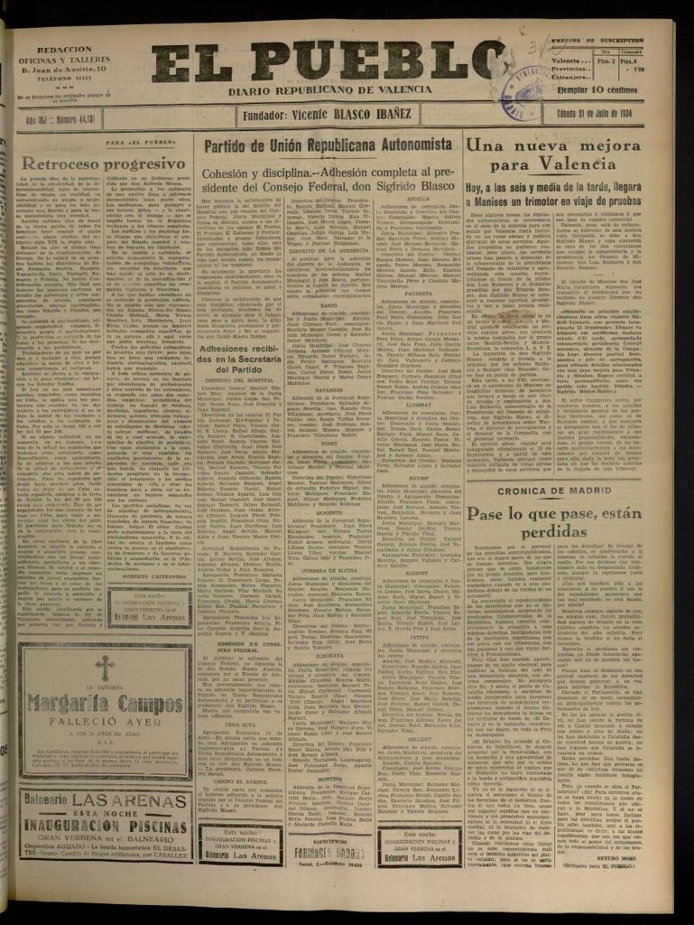 Miniatura de El Pueblo : Diario republicano de Valencia del 21 de julio de 1934, nº 44.131
