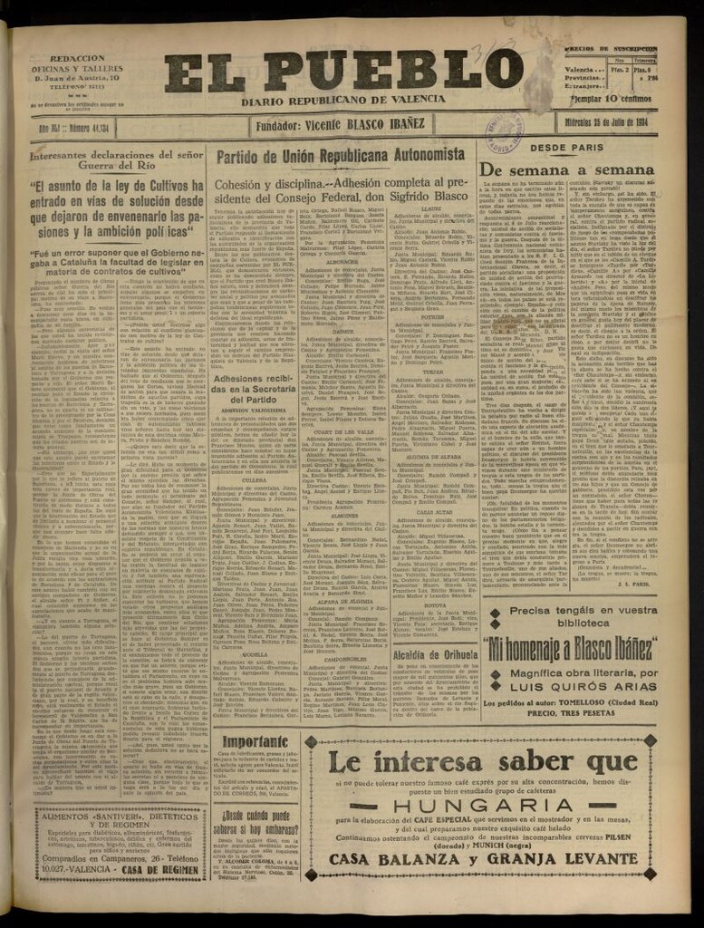 Miniatura de El Pueblo : Diario republicano de Valencia del 25 de julio de 1934, nº 44.134