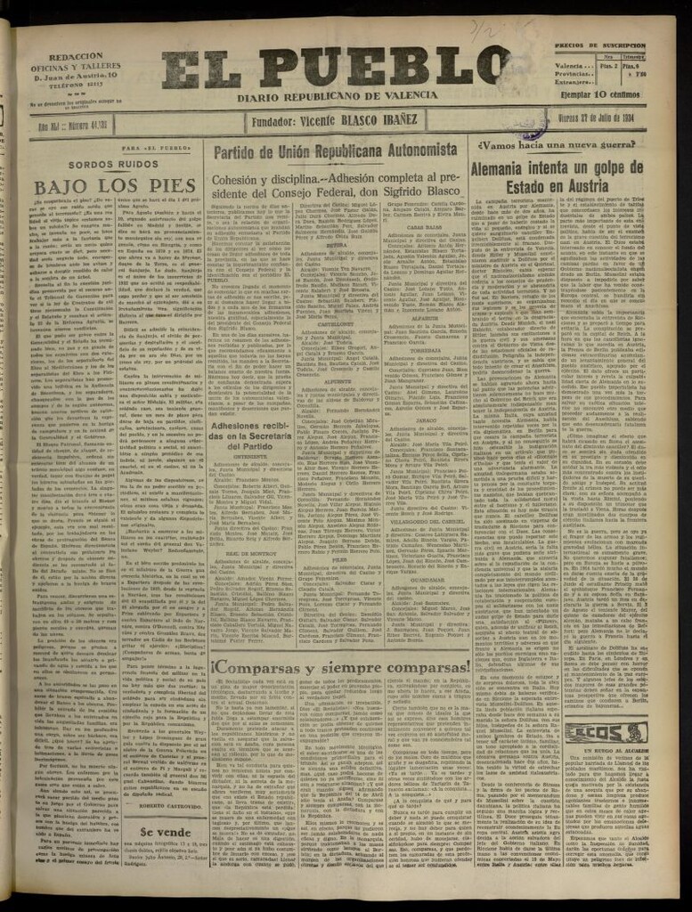 Miniatura de El Pueblo : Diario republicano de Valencia del 27 de julio de 1934, nº 44.136