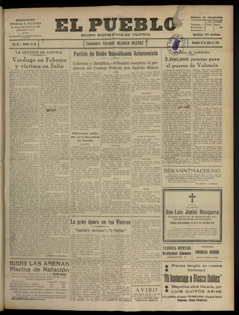 Miniatura de El Pueblo : Diario republicano de Valencia del 29 de julio de 1934, nº 44.138