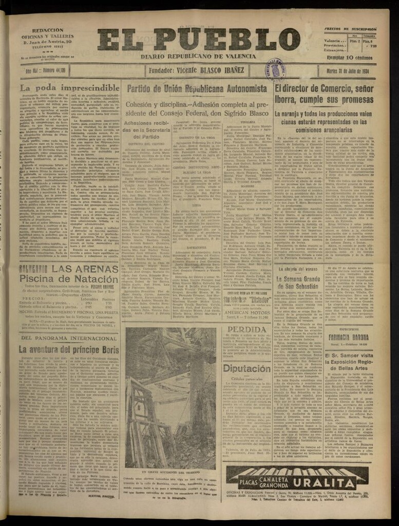 Miniatura de El Pueblo : Diario republicano de Valencia del 31 de julio de 1934, nº 44.139