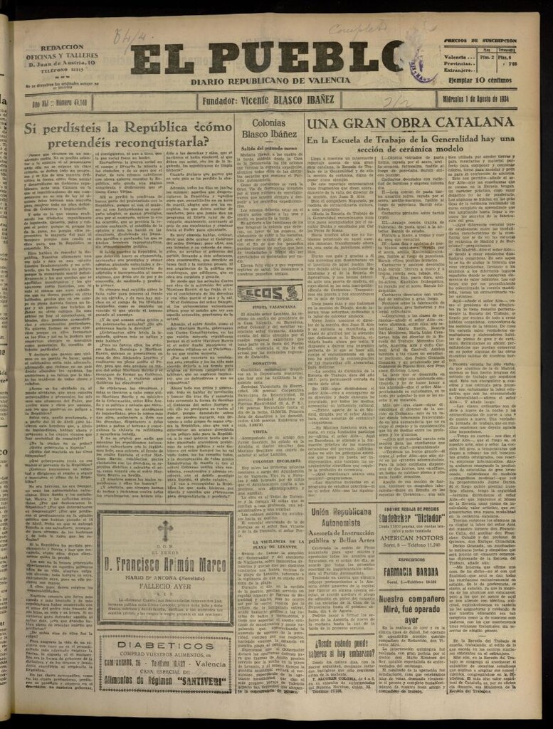 Miniatura de El Pueblo : Diario republicano de Valencia del 1 de agosto de 1934, nº 44.140