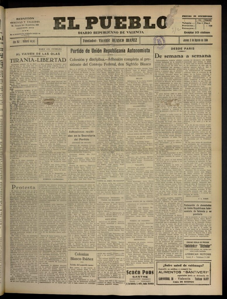 Miniatura de El Pueblo : Diario republicano de Valencia del 2 de agosto de 1934, nº 44.141