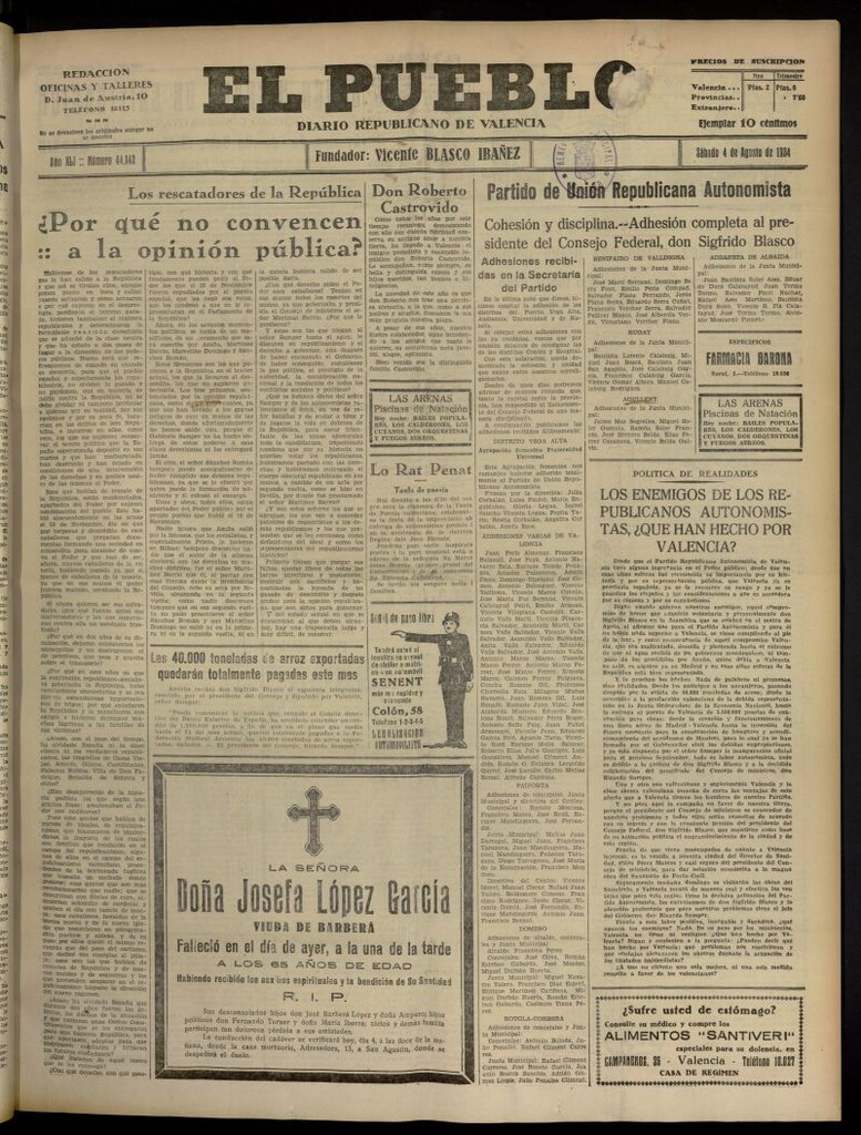 Miniatura de El Pueblo : Diario republicano de Valencia del 4 de agosto de 1934, nº 44.143