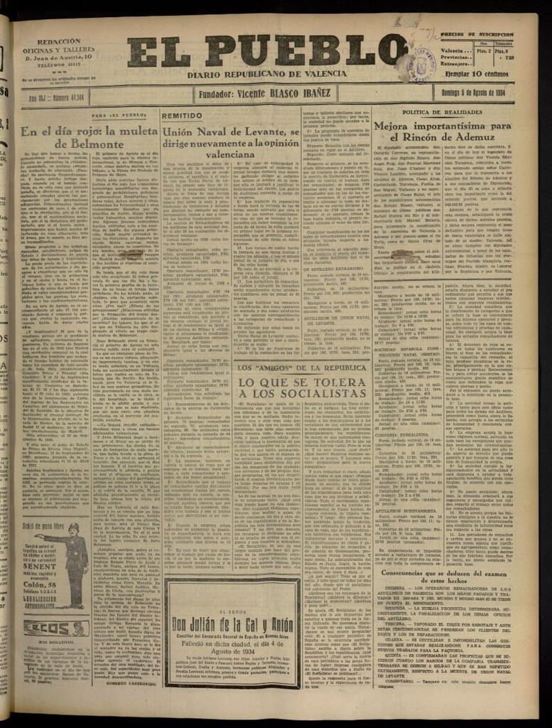 Miniatura de El Pueblo : Diario republicano de Valencia del 5 de agosto de 1934, nº 44.144