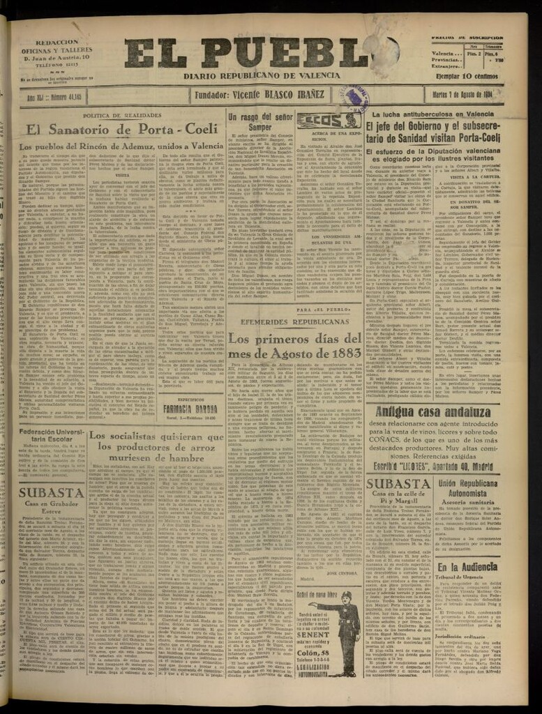 Miniatura de El Pueblo : Diario republicano de Valencia del 7 de agosto de 1934, nº 44.145