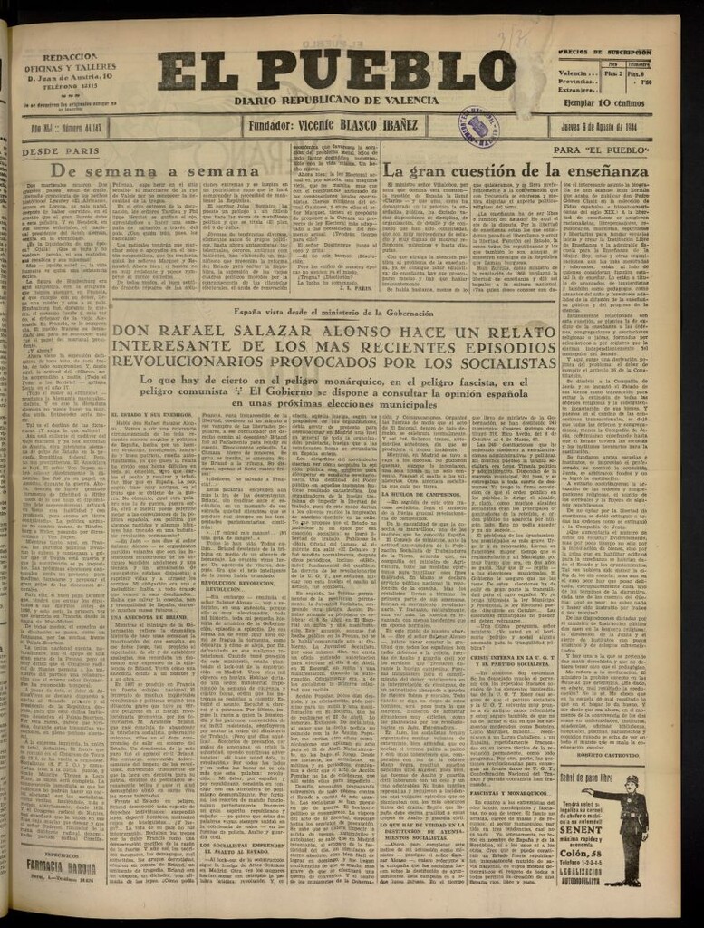 Miniatura de El Pueblo : Diario republicano de Valencia del 9 de agosto de 1934, nº 44.147