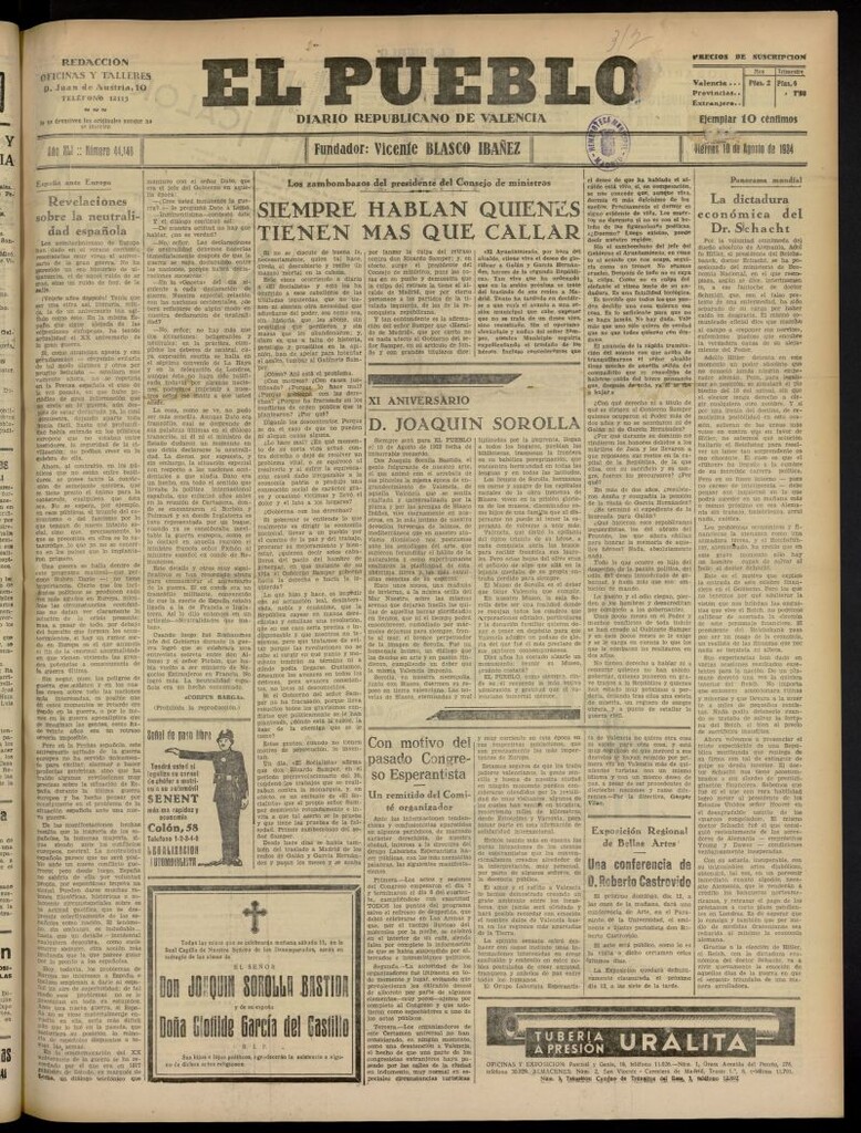 Miniatura de El Pueblo : Diario republicano de Valencia del 10 de agosto de 1934, nº 44.148