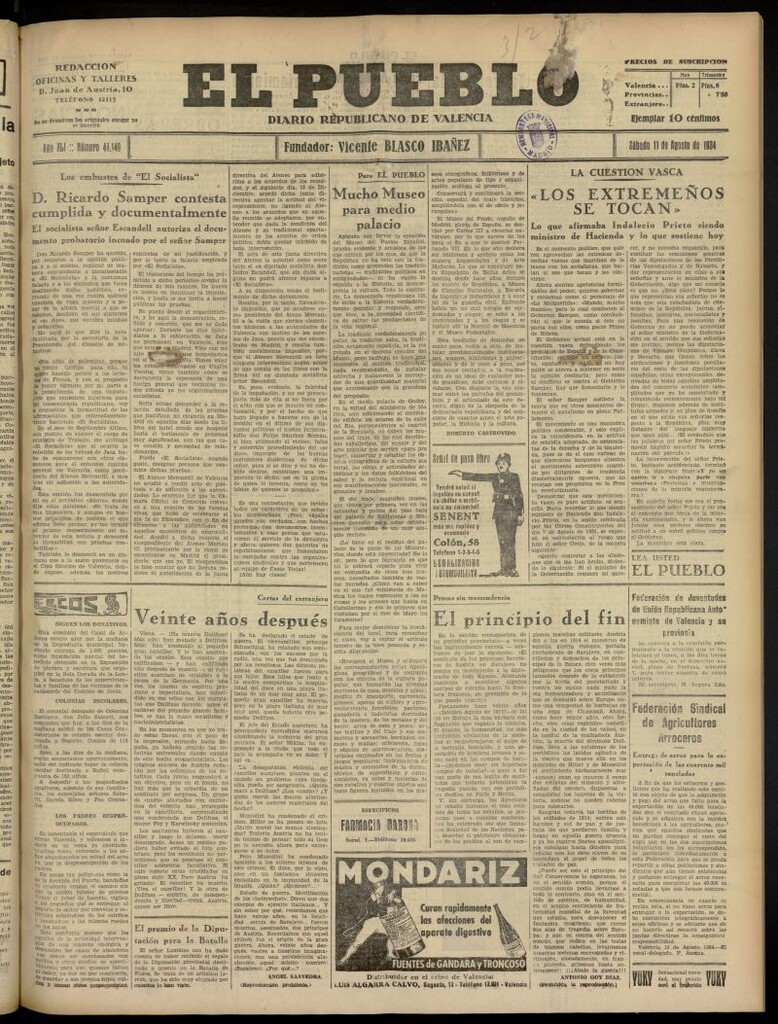Miniatura de El Pueblo : Diario republicano de Valencia del 11 de agosto de 1934, nº 44.149