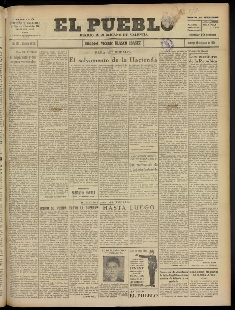 Miniatura de El Pueblo : Diario republicano de Valencia del 12 de agosto de 1934, nº 44.150