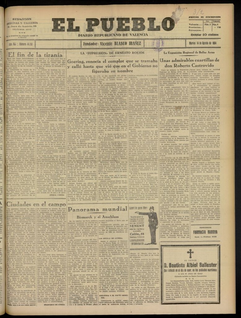 Miniatura de El Pueblo : Diario republicano de Valencia del 14 de agosto de 1934, nº 44.151