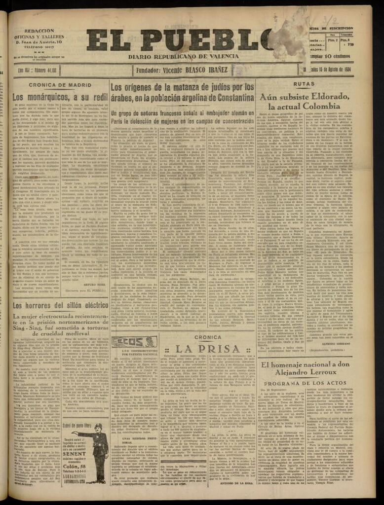 Miniatura de El Pueblo : Diario republicano de Valencia del 15 de agosto de 1934, nº 44.152