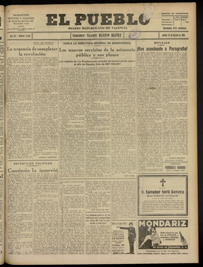 Miniatura de El Pueblo : Diario republicano de Valencia del 16 de agosto de 1934, nº 44.153