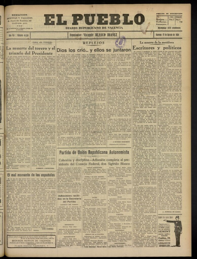 Miniatura de El Pueblo : Diario republicano de Valencia del 17 de agosto de 1934, nº 44.154