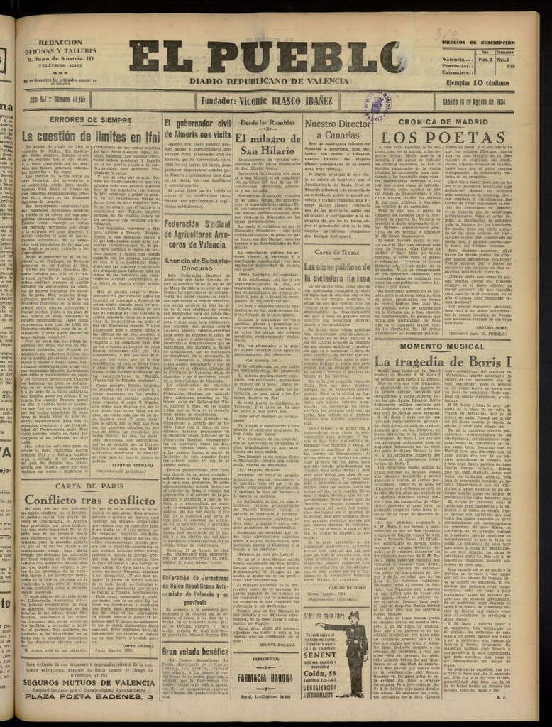 Miniatura de El Pueblo : Diario republicano de Valencia del 18 de agosto de 1934, nº 44.155