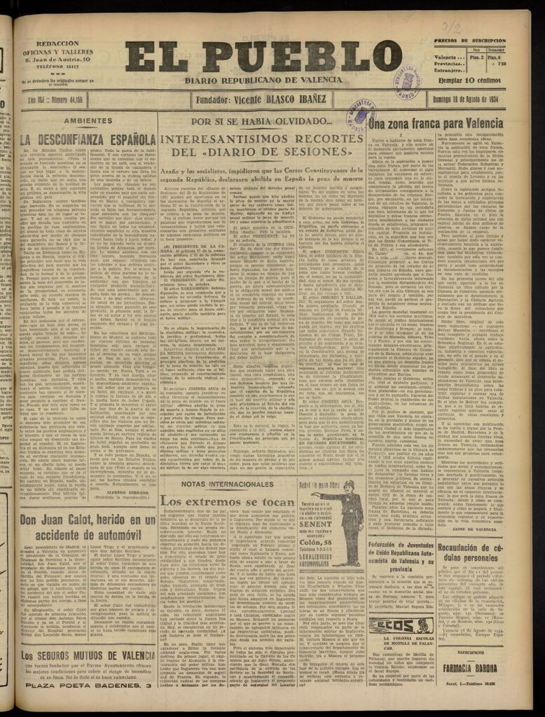 Miniatura de El Pueblo : Diario republicano de Valencia del 19 de agosto de 1934, nº 44.156