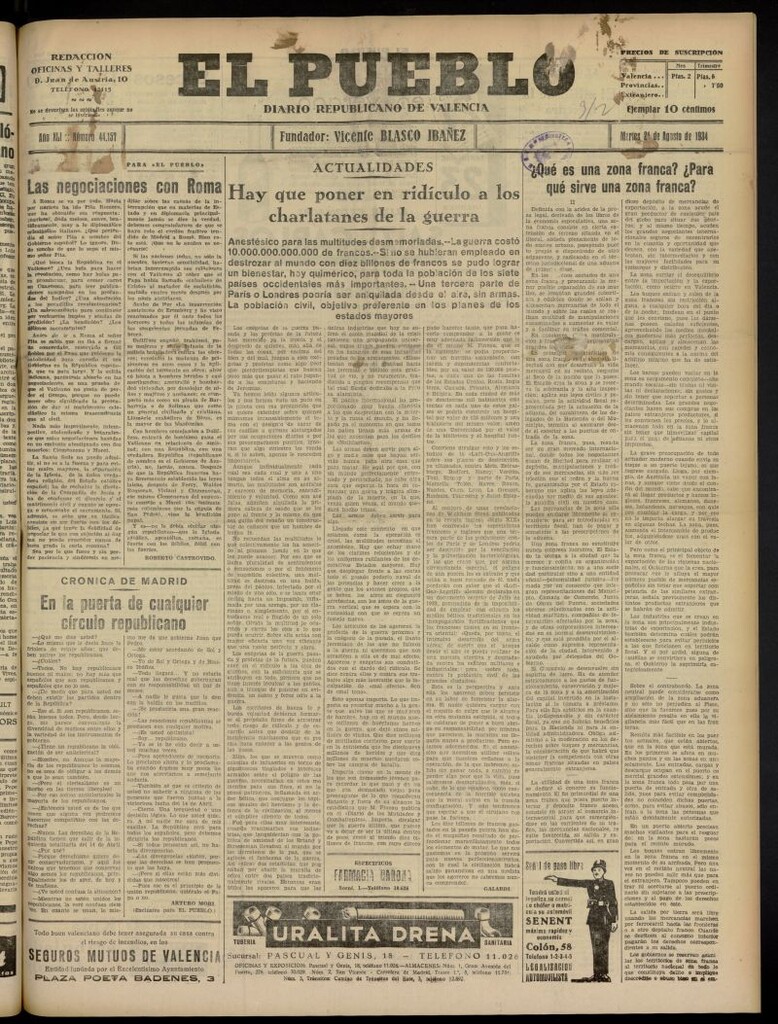 Miniatura de El Pueblo : Diario republicano de Valencia del 21 de agosto de 1934, nº 44.157