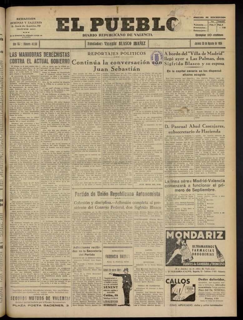 Miniatura de El Pueblo : Diario republicano de Valencia del 23 de agosto de 1934, nº 44.159