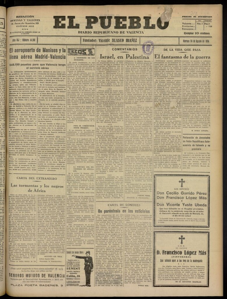 Miniatura de El Pueblo : Diario republicano de Valencia del 24 de agosto de 1934, nº 44.160