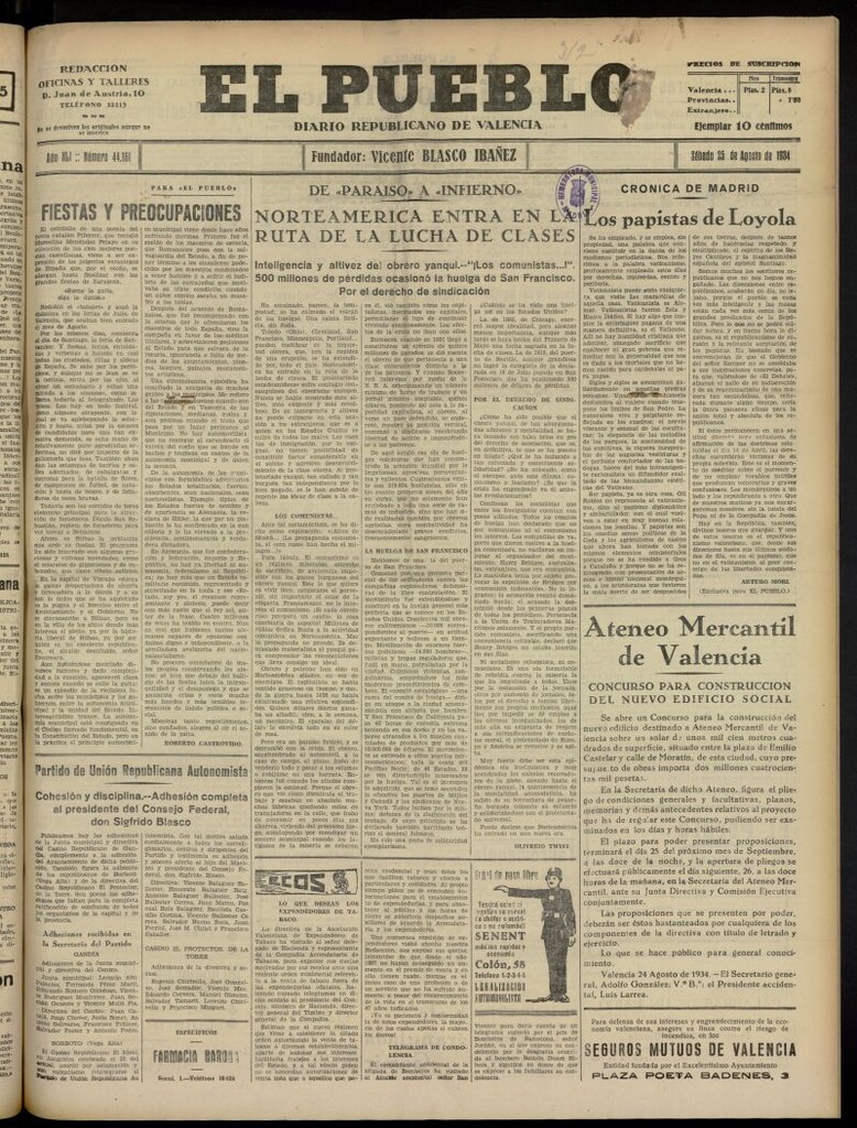 Miniatura de El Pueblo : Diario republicano de Valencia del 25 de agosto de 1934, nº 44.161