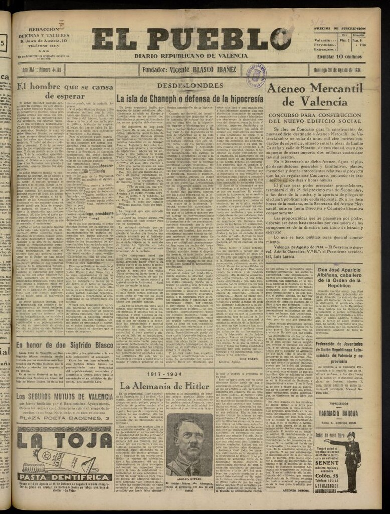 Miniatura de El Pueblo : Diario republicano de Valencia del 26 de agosto de 1934, nº 44.162