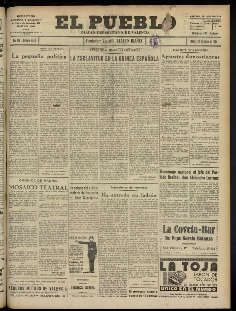 Miniatura de El Pueblo : Diario republicano de Valencia del 28 de agosto de 1934, nº 44.163