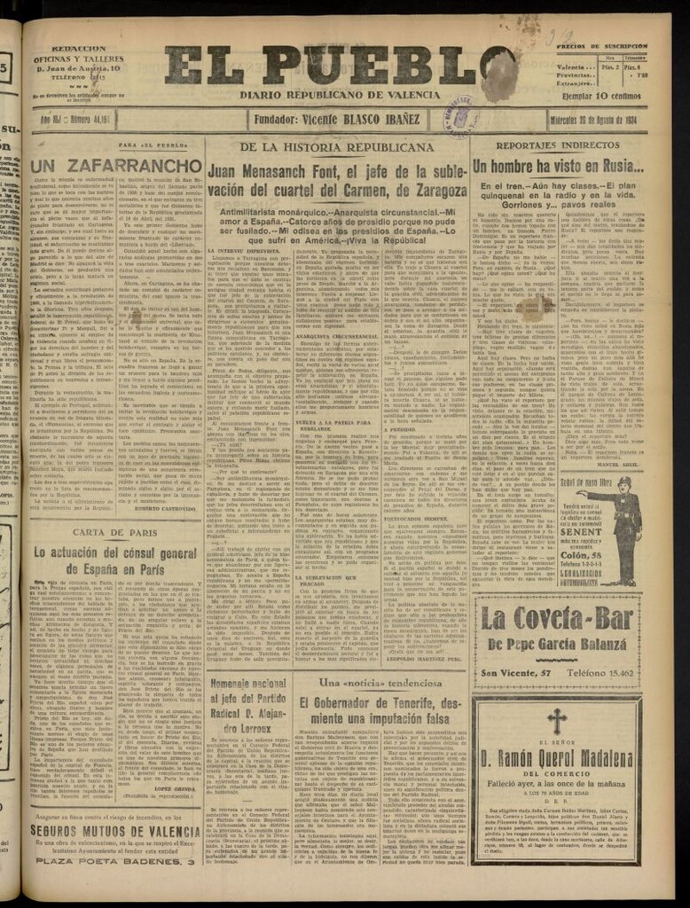 Miniatura de El Pueblo : Diario republicano de Valencia del 29 de agosto de 1934, nº 44.164
