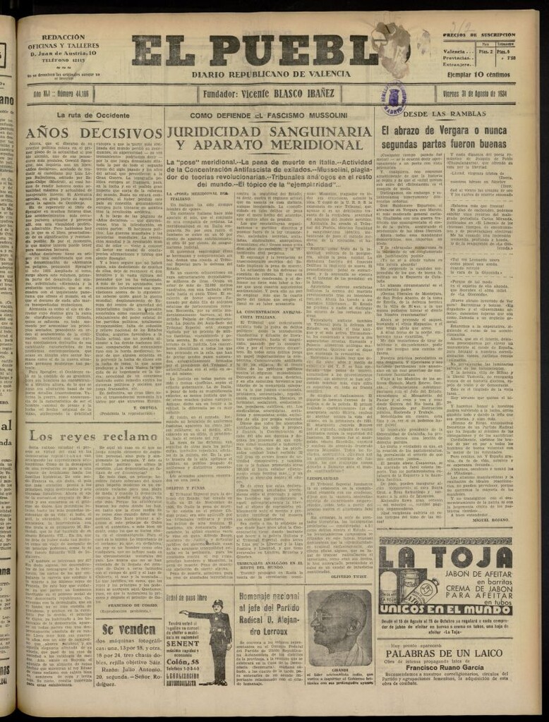 Miniatura de El Pueblo : Diario republicano de Valencia del 31 de agosto de 1934, nº 44.166