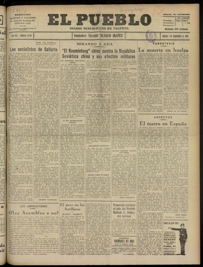Miniatura de El Pueblo : Diario republicano de Valencia del 1 de septiembre de 1934, nº 44.167