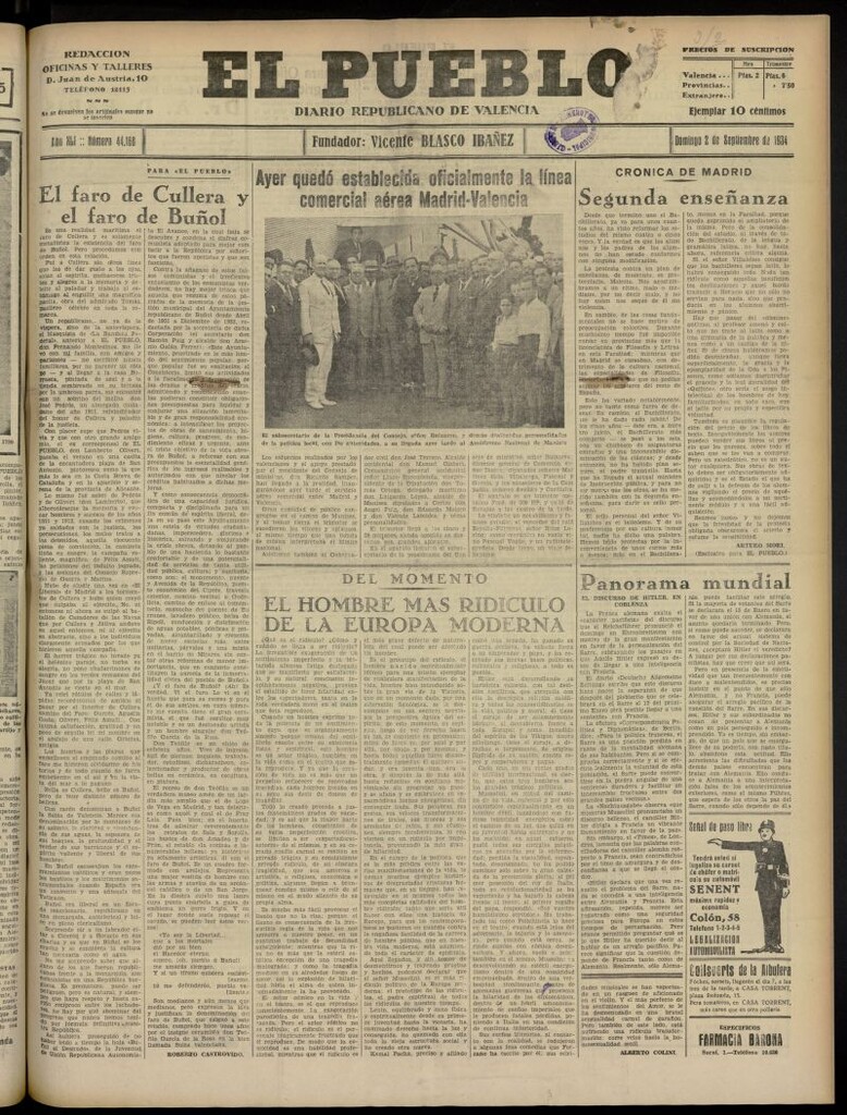 Miniatura de El Pueblo : Diario republicano de Valencia del 2 de septiembre de 1934, nº 44.168