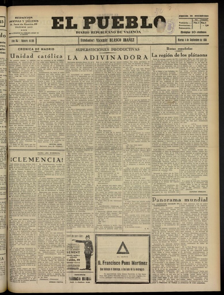Miniatura de El Pueblo : Diario republicano de Valencia del 4 de septiembre de 1934, nº 44.169