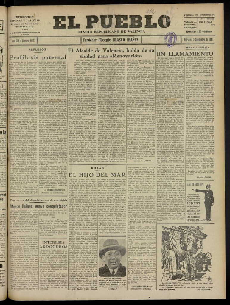 Miniatura de El Pueblo : Diario republicano de Valencia del 5 de septiembre de 1934, nº 44.170