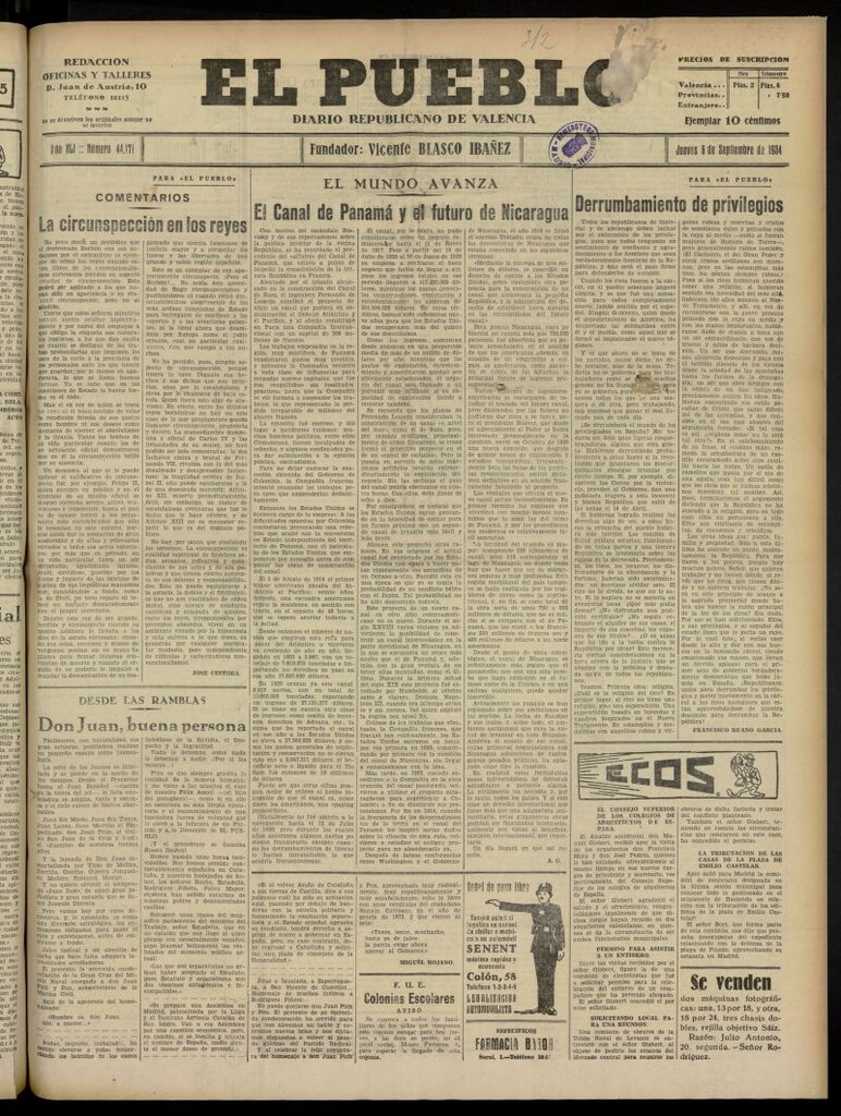 Miniatura de El Pueblo : Diario republicano de Valencia del 6 de septiembre de 1934, nº 44.171