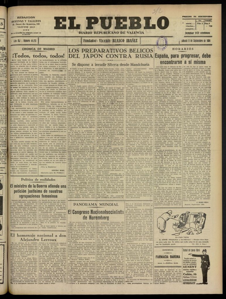 Miniatura de El Pueblo : Diario republicano de Valencia del 8 de septiembre de 1934, nº 44.173