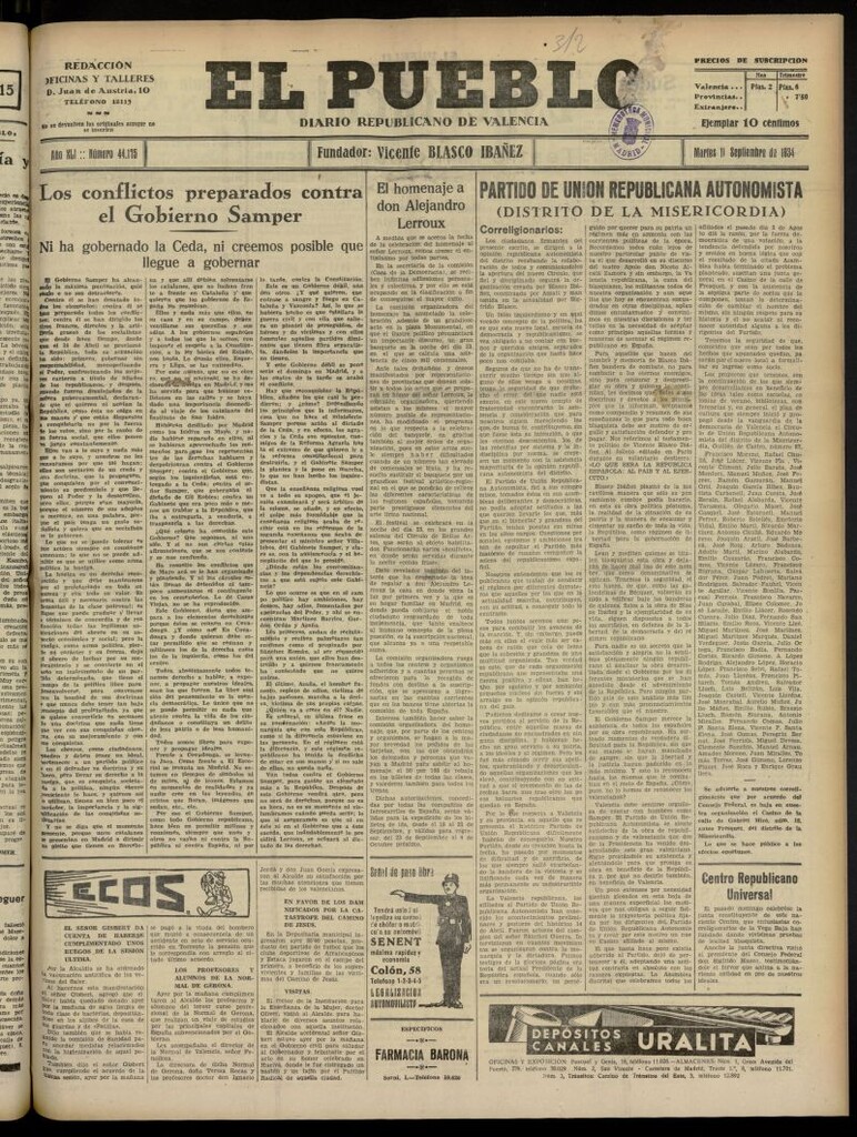 Miniatura de El Pueblo : Diario republicano de Valencia del 11 de septiembre de 1934, nº 44.175