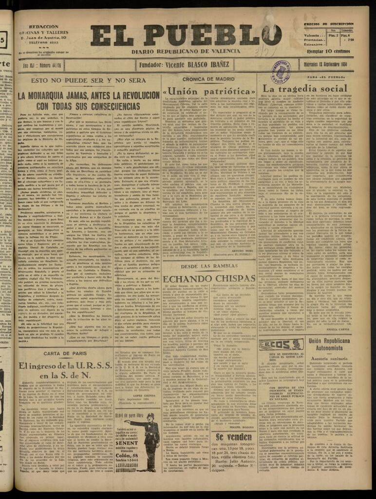 Miniatura de El Pueblo : Diario republicano de Valencia del 12 de septiembre de 1934, nº 44.176